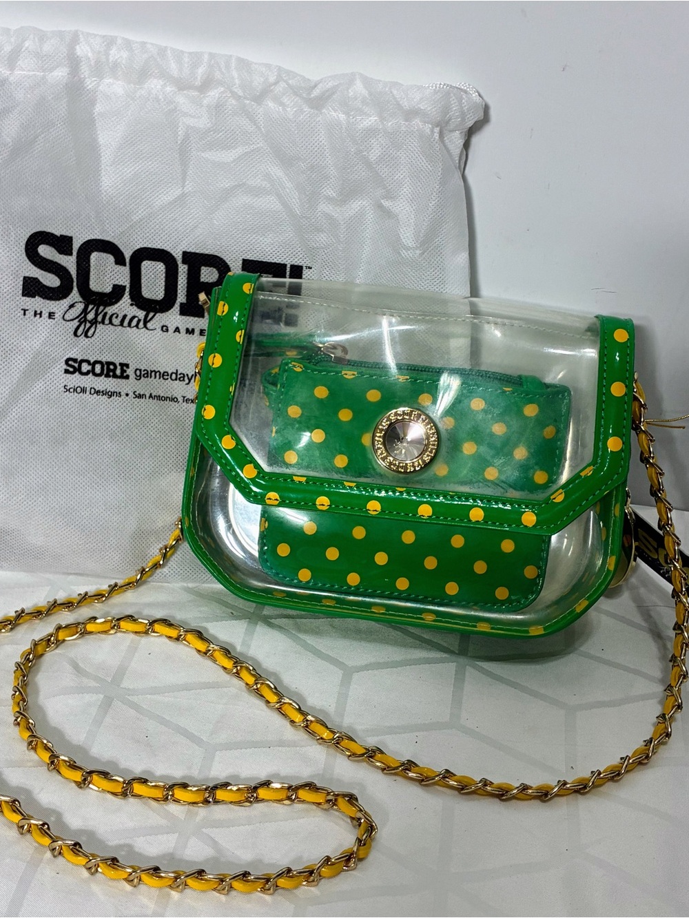 Stadium Approved CLEAR BABY clutch  NWT yellow green polkadot charm Dustbag NOS